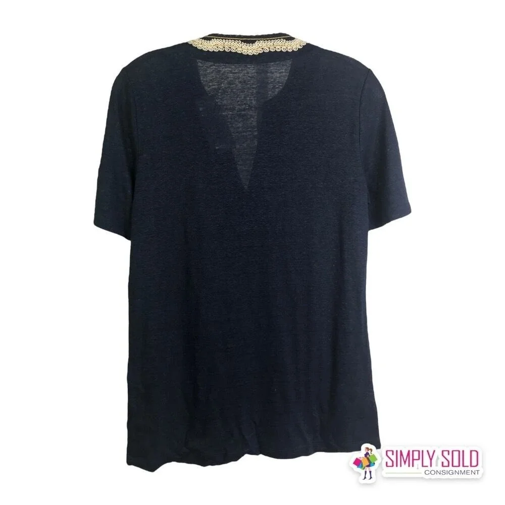 Tory Burch Liliana Tee Womens XS Navy‎ Embroidered Linen V Neck Slub Knit NWT